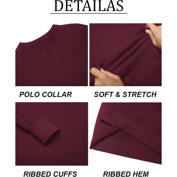 Men's Knit Polo Long Sleeve V-Neck Pullover Sweaters Collared Knitted Wine Red - Picture 6 of 6